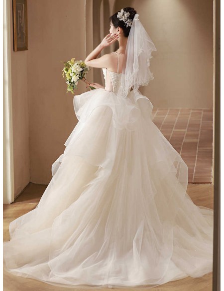 Gorgeous Ruffled Tulle Ballgown Wedding Dress With Sheer Waist Straps