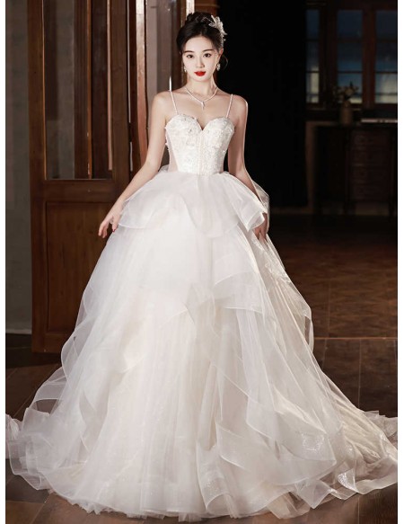 Gorgeous Ruffled Tulle Ballgown Wedding Dress With Sheer Waist Straps
