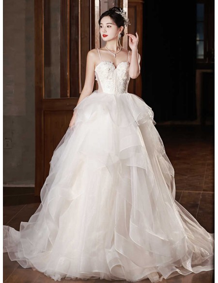 Gorgeous Ruffled Tulle Ballgown Wedding Dress With Sheer Waist Straps