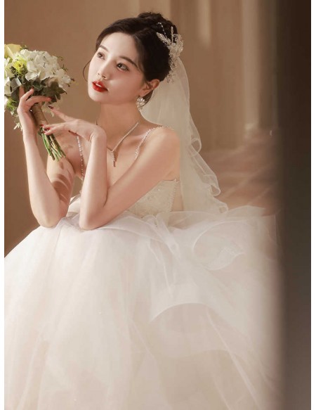 Gorgeous Ruffled Tulle Ballgown Wedding Dress With Sheer Waist Straps