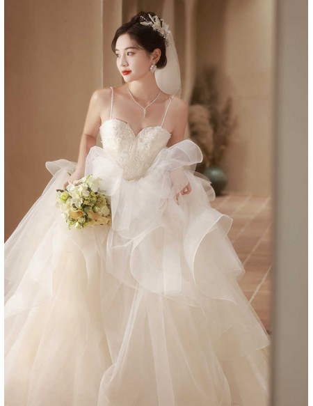 Gorgeous Ruffled Tulle Ballgown Wedding Dress With Sheer Waist Straps