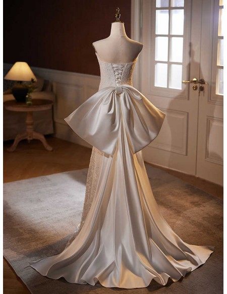 Strapless Mermaid Lace Wedding Dress With Detachable Big Bow Train