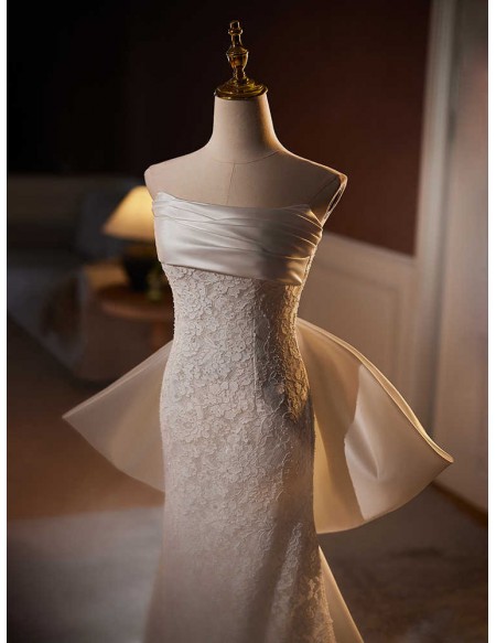 Strapless Mermaid Lace Wedding Dress With Detachable Big Bow Train