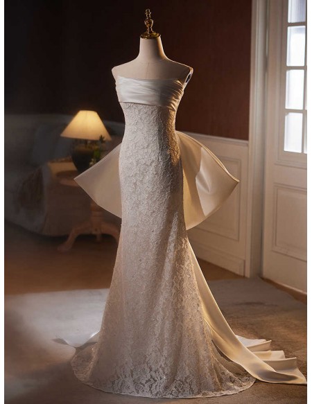 Strapless Mermaid Lace Wedding Dress With Detachable Big Bow Train