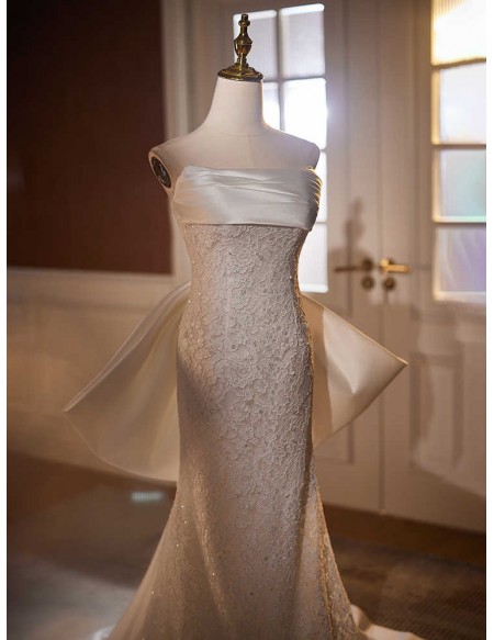 Strapless Mermaid Lace Wedding Dress With Detachable Big Bow Train