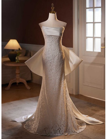 Strapless Mermaid Lace Wedding Dress With Detachable Big Bow Train