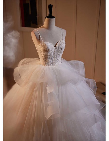 White Ruffled Ballgown Tulle Wedding Dress With Beaded Straps