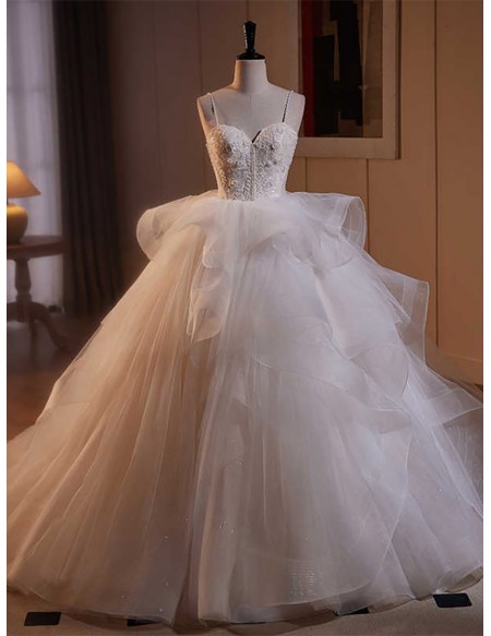 White Ruffled Ballgown Tulle Wedding Dress With Beaded Straps