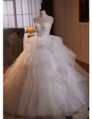 White Ruffled Ballgown Tulle Wedding Dress With Beaded Straps