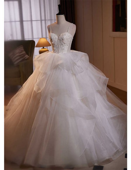 White Ruffled Ballgown Tulle Wedding Dress With Beaded Straps