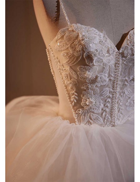White Ruffled Ballgown Tulle Wedding Dress With Beaded Straps