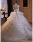 White Ruffled Ballgown Tulle Wedding Dress With Beaded Straps