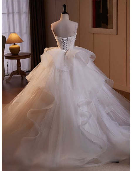 White Ruffled Ballgown Tulle Wedding Dress With Beaded Straps