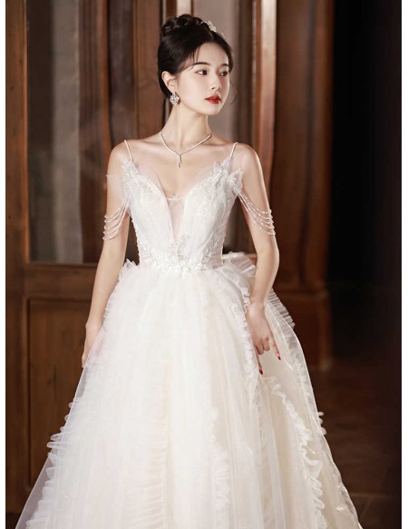 Beaded Tassel Shoulder Puffy Tulle Ballgown Wedding Dress