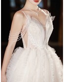 Beaded Tassel Shoulder Puffy Tulle Ballgown Wedding Dress