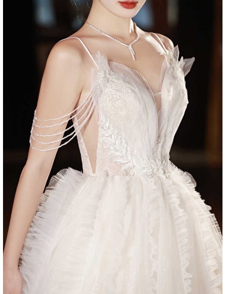 Beaded Tassel Shoulder Puffy Tulle Ballgown Wedding Dress