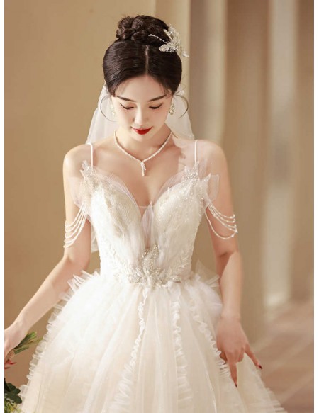 Beaded Tassel Shoulder Puffy Tulle Ballgown Wedding Dress