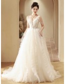 Beaded Tassel Shoulder Puffy Tulle Ballgown Wedding Dress