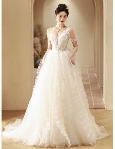 Beaded Tassel Shoulder Puffy Tulle Ballgown Wedding Dress