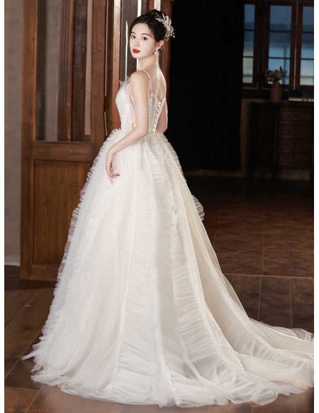 Beaded Tassel Shoulder Puffy Tulle Ballgown Wedding Dress