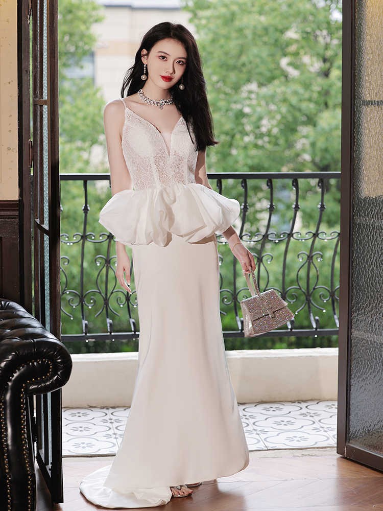 Elegant Strapless White Lace Satin Mermaid Evening Dress Long Wedding Guest Dress Party Dress main image 0