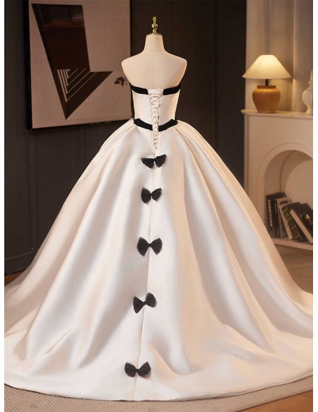 Retro Chic White With Black Satin Ballgown Wedding Dress With Black Bows
