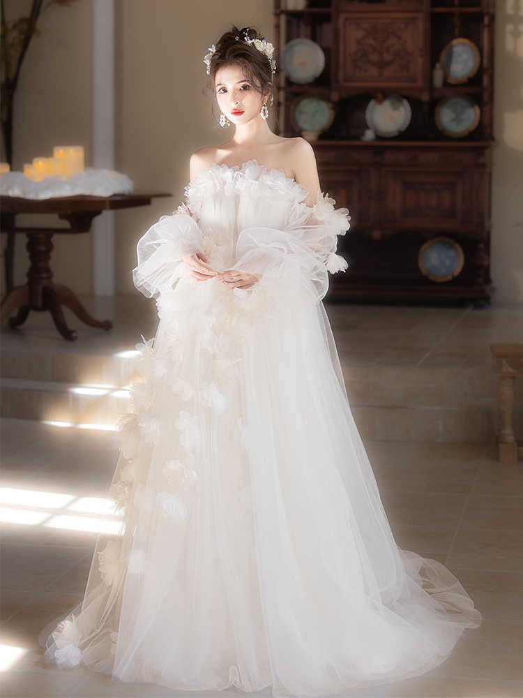 Ruffle Wedding Dress Tiered Tulle Long Skirt Strapless Gown