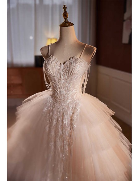 Stunning Beaded Lace Puffy Tulle Ballgown Wedding Dress With Straps