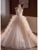 Stunning Beaded Lace Puffy Tulle Ballgown Wedding Dress With Straps