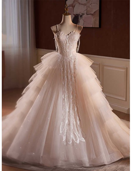 Stunning Beaded Lace Puffy Tulle Ballgown Wedding Dress With Straps