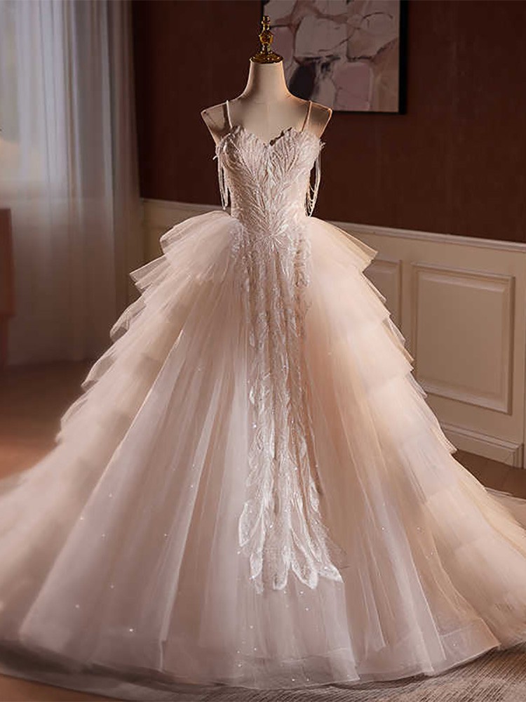 Pearls Wedding Dresses Beadings Puff Sleeve Tulle  Lace Long Train Ball Bridal Gowns
