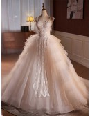 Stunning Beaded Lace Puffy Tulle Ballgown Wedding Dress With Straps