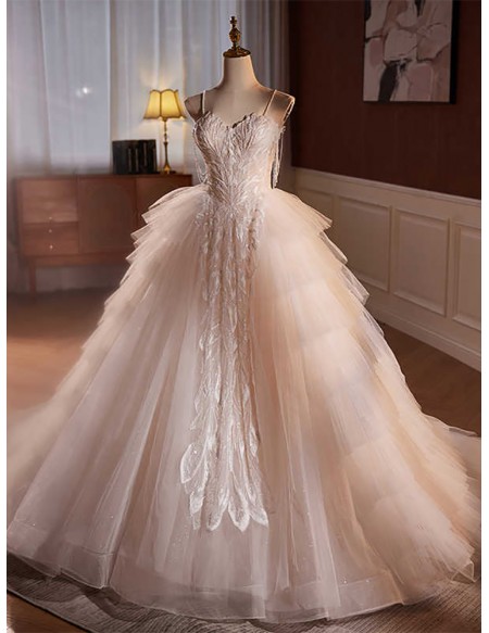 Stunning Beaded Lace Puffy Tulle Ballgown Wedding Dress With Straps