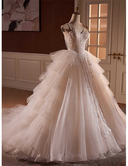 Stunning Beaded Lace Puffy Tulle Ballgown Wedding Dress With Straps
