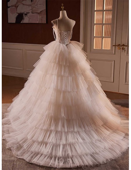 Stunning Beaded Lace Puffy Tulle Ballgown Wedding Dress With Straps