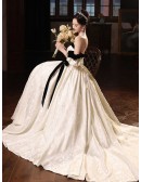 White With Black Sash Ballgown Wedding Dress With Detachable Sleeves