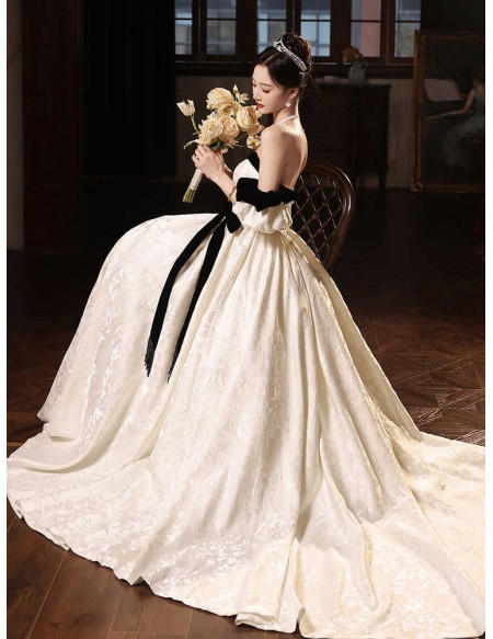 White With Black Sash Ballgown Wedding Dress With Detachable Sleeves