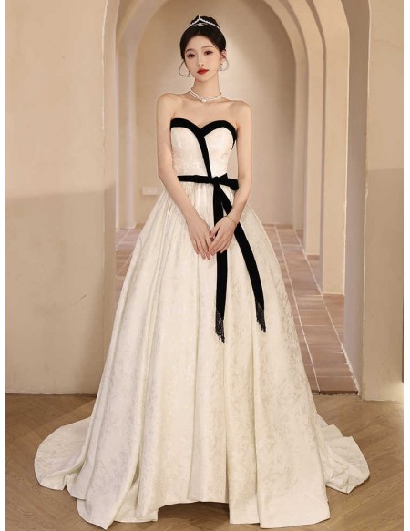 White With Black Sash Ballgown Wedding Dress With Detachable Sleeves