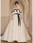 White With Black Sash Ballgown Wedding Dress With Detachable Sleeves