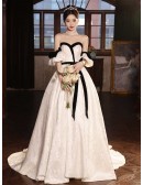 White With Black Sash Ballgown Wedding Dress With Detachable Sleeves