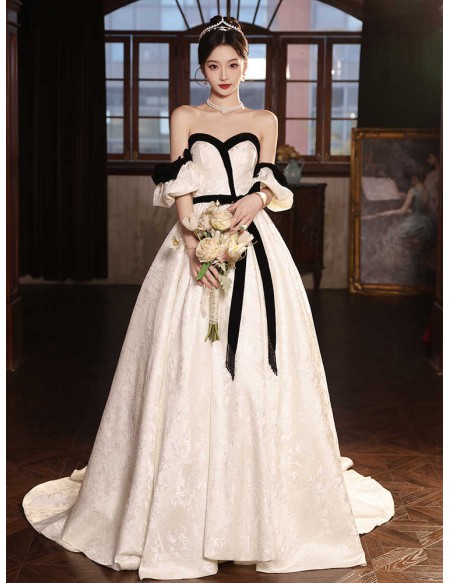 White With Black Sash Ballgown Wedding Dress With Detachable Sleeves