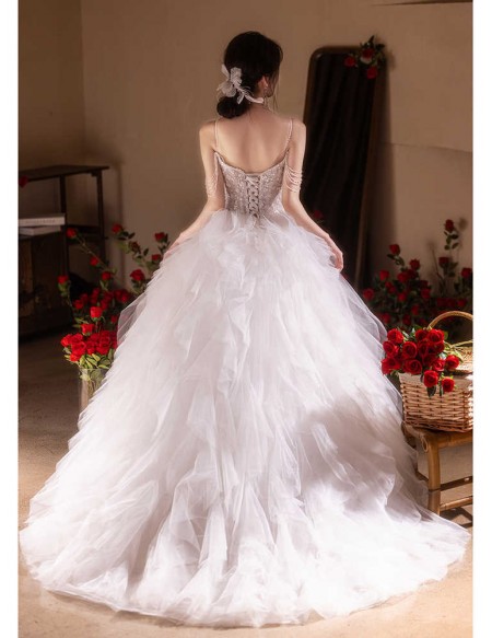 Gorgeous Puffy Tulle Ballgown Wedding Dress With Sequined Tassel Shoulder