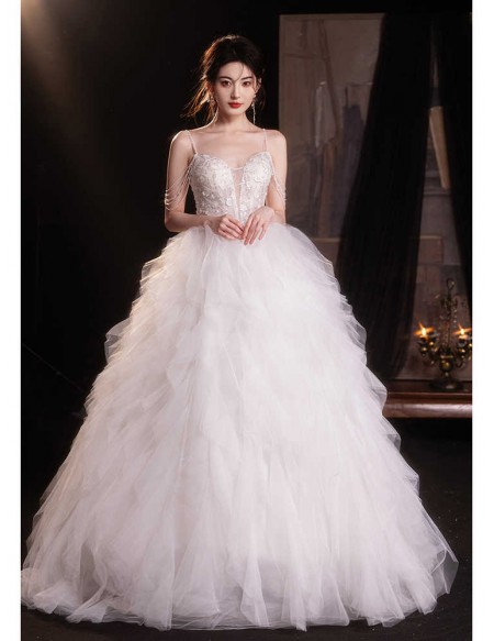 Gorgeous Puffy Tulle Ballgown Wedding Dress With Sequined Tassel Shoulder
