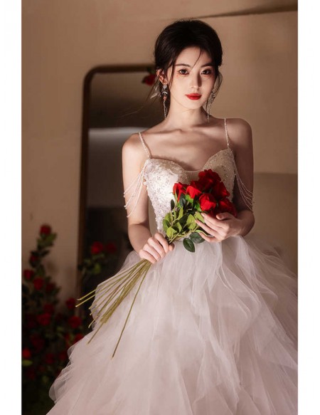 Gorgeous Puffy Tulle Ballgown Wedding Dress With Sequined Tassel Shoulder
