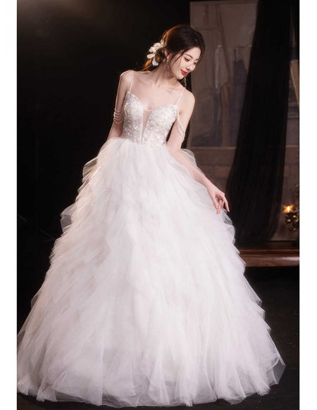 Gorgeous Puffy Tulle Ballgown Wedding Dress With Sequined Tassel Shoulder