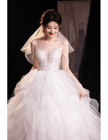Gorgeous Puffy Tulle Ballgown Wedding Dress With Sequined Tassel Shoulder