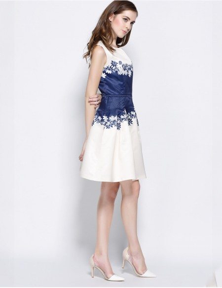 Aline Short Dress White with Blue Floral Print