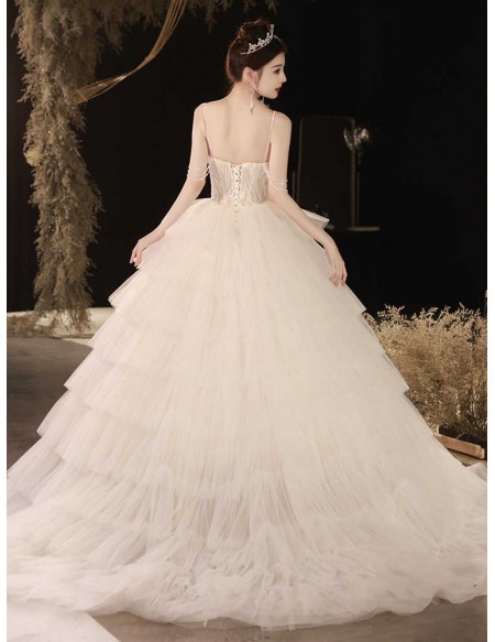 Ruffled Ballgown Tulle Wedding Dress With Beaded Straps
