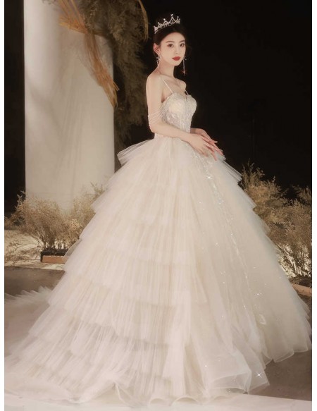 Ruffled Ballgown Tulle Wedding Dress With Beaded Straps