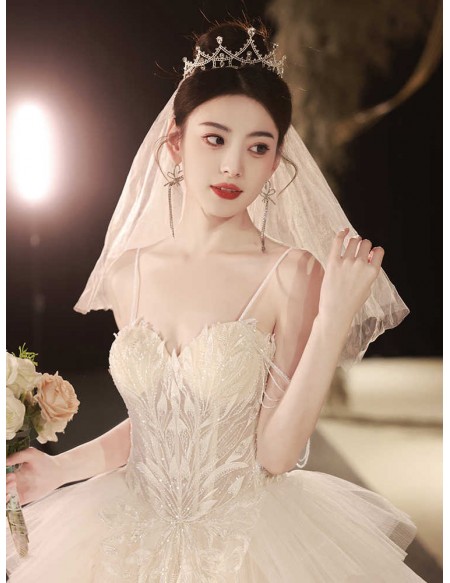 Ruffled Ballgown Tulle Wedding Dress With Beaded Straps
